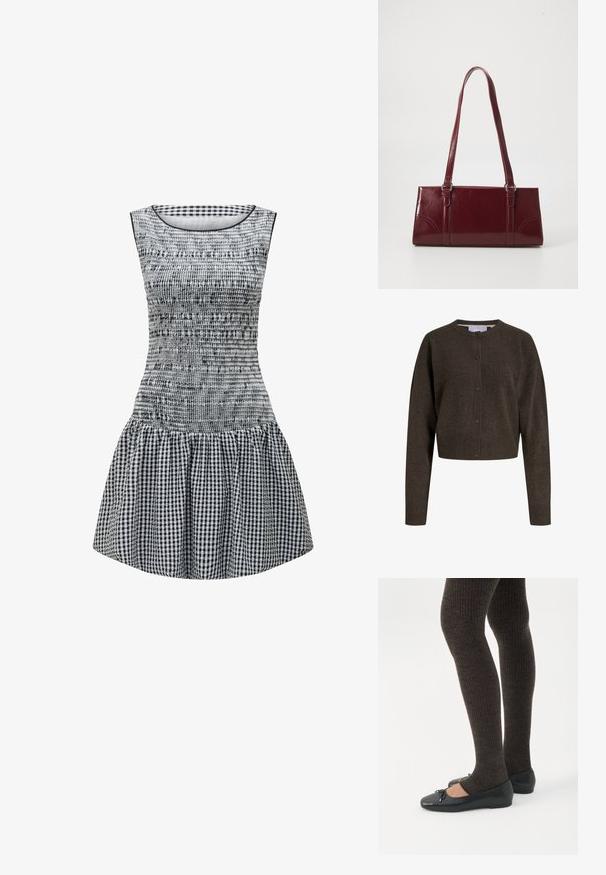 Cardigan en maille marron foncé boutonné, manches longues, poignets et ourlet côtelés, avec un col rond.; Robe en vichy noir et blanc avec un corsage ajusté, une texture froncée et une jupe évasée. Encolure ronde simple et design sans manches.; Jambes portant des leggings côtelés foncés associés à des ballerines noires avec de petits détails en nœud sur fond blanc.; Sac à main bordeaux en matériau brillant, de forme rectangulaire, avec deux anses et des accents légèrement courbés à l'avant.