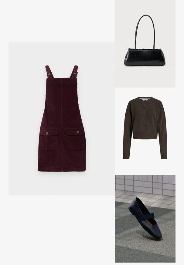 Napillinen tummanruskea neulecardigan pitkillä hihoilla, resorit hihansuissa ja helmassa sekä pyöreä pääntie.; Sametti mekko syvässä burgundinvärisessä, jossa on säädettävät olkaimet, etutaskut metalliosilla ja vartalonmyötäinen muoto. Teksturoitu kangas.; Musta nahkakenkä, jossa on pyöreä kärki ja pehmeä musta joustava nauha päällä. Sileä pinta ja yksinkertainen muotoilu.; Musta suorakaiteenmuotoinen olkalaukku, jossa pitkät ohuet hihnat ja sileä, kiiltävä pinta yksivärisellä taustalla.