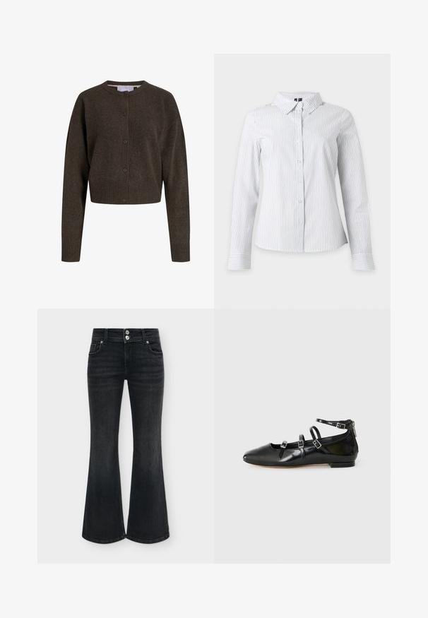 Cardigan en maille marron foncé boutonné, manches longues, poignets et ourlet côtelés, avec un col rond.; Chemise blanche à manches longues avec fines rayures verticales noires et col pointu, présentée sur fond blanc.; Jean flare noir taille haute avec fermeture à double bouton argenté, poches avant et larges ouvertures aux jambes sur fond uni.; ALDO NELTA - Ballerines - black