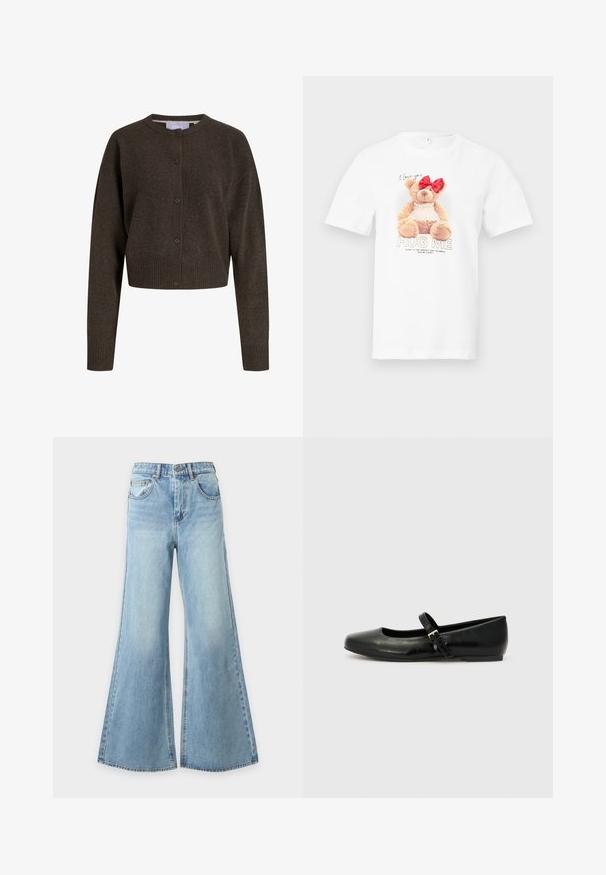 Donkerbruine gebreide cardigan met knopen, lange mouwen, geribbelde manchetten en zoom, en een ronde halslijn.; Wit T-shirt met een teddybeer met een rode strik en parelketting, met de tekst "I love you" en "Hug Me" op de voorkant.; Lichtblauwe denim jeans met wijde pijpen, vooraan met knoop- en ritssluiting, riemlussen en voorzakken, weergegeven op een effen achtergrond.; Zwarte leren balletschoenen met een ronde neus, een platte zool en een dunne verstelbare band over de wreef met een metalen gesp.
