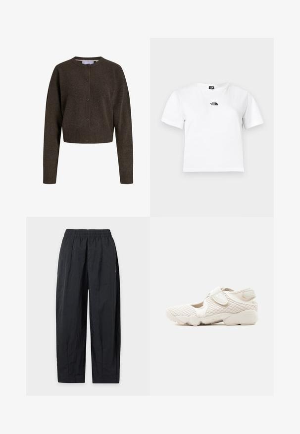 Cardigan en maille marron foncé boutonné, manches longues, poignets et ourlet côtelés, avec un col rond.; T-shirt en coton blanc à manches courtes, col rond, avec un logo noir The North Face sur la poitrine. Design simple et épuré.; Pantalon noir ample avec taille élastique, en tissu léger, présenté à plat sur fond blanc.; Baskets Nike beige clair avec empeigne en mesh, bandes auto-agrippantes, semelle rembourrée, et côtés découpés, conçues pour le confort et la respirabilité.