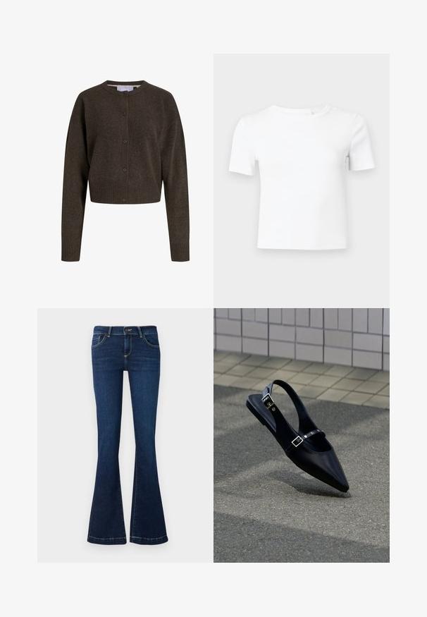 Mørkebrun strikcardigan med knapper, lange ærmer, ribstrikkede ærmekanter og kant forneden samt rund halsudskæring.; Hvid T-shirt med korte ærmer lavet af ribstrikket stof, med rund hals og en tætsiddende pasform, ideel til lag-på-lag eller afslappet brug.; Udsvingede mørkeblå jeans lavet af denim, med forlommer og gule stikninger langs sømmene. Standard talje og lynlås.; Sort flad slingback med spids tå og dobbelte spænder, hvilende på grå asfalt nær flisevæg.