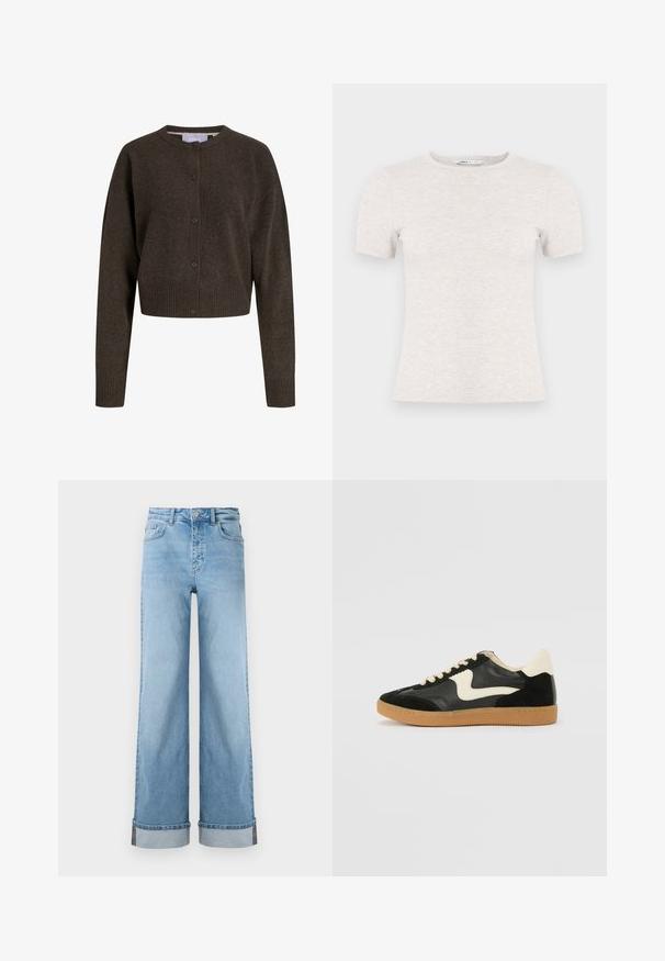 Mørkebrun strikcardigan med knapper, lange ærmer, ribstrikkede ærmekanter og kant forneden samt rund halsudskæring.; Lysegrå kortærmet t-shirt lavet af ribstrikket stof med rund halsudskæring. Simpelt design, glat tekstur, uden synlige mønstre eller accenter.; Lyseblå, vide jeans i klassisk denim med høj talje, prydet med opbrettede kanter og synlig søm.; Sorte ruskinds- og lædersneakers med en cremefarvet side-swoosh og lys cremefarvet hæl. Har beige snørebånd og en gummirubber-sål.