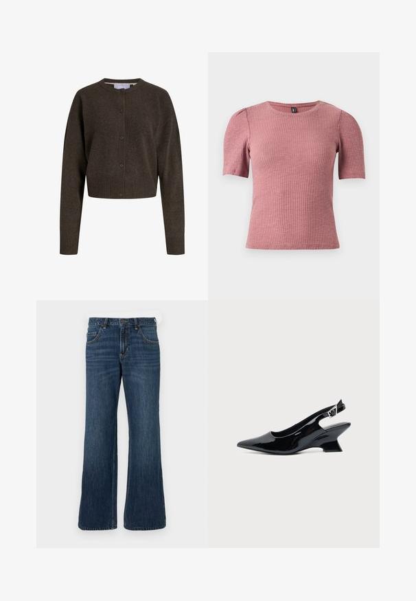Mørkebrun strikcardigan med knapper, lange ærmer, ribstrikkede ærmekanter og kant forneden samt rund halsudskæring.; Kortærmet, tekstureret top i støvet rosa ribstrikket stof. Rund halsudskæring med diskrete pufærmer. Figursyet pasform, strækbart materiale.; Mørkeblå jeans med vide ben og klassisk design med fem lommer, der har knaplukning og diskret falming. Fremstillet af denimstof.; Sort laklæder slingback sko med spids tå og lav vinklet blokhæl på ensartet lys baggrund.