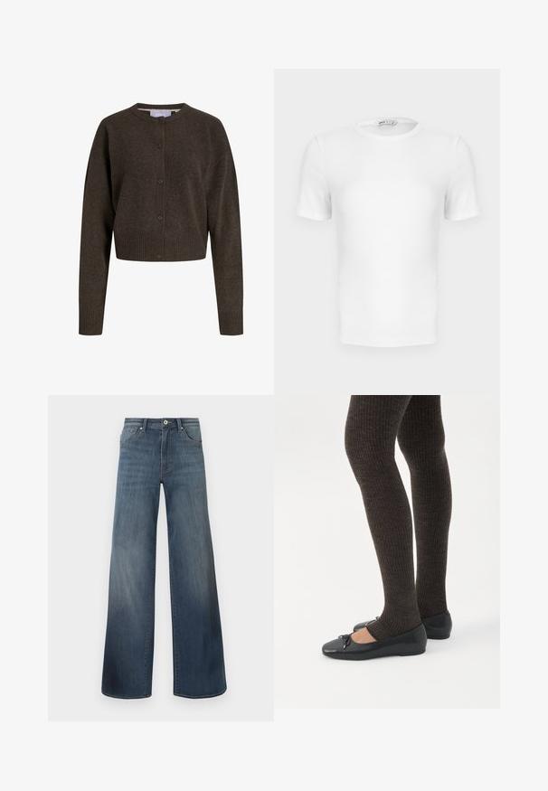 Donkerbruine gebreide cardigan met knopen, lange mouwen, geribbelde manchetten en zoom, en een ronde halslijn.; Witte korte mouwen geribde T-shirt met een ronde hals, een aangesloten pasvorm en een klein merklabel aan de binnenkant van de kraag.; Brede denims met wijde pijpen in donkerblauw, met een verwasde afwerking, knoopsluiting en vijf-pocketstijl. Gladde textuur, minimale stikseldetails.; Benen met donkere geribbelde leggings gecombineerd met zwarte ballerina's met kleine strikdetails op een witte achtergrond.