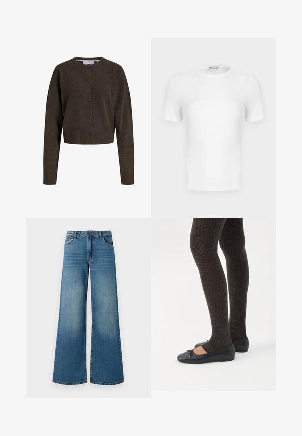 Napillinen tummanruskea neulecardigan pitkillä hihoilla, resorit hihansuissa ja helmassa sekä pyöreä pääntie.; Valkoinen lyhythihainen poikittainen (ribbi) pikeepaita, jossa on istuva leikkaus ja pieni merkkilappu kauluksen sisäpuolella.; Laadukkaat siniset farkut leveillä lahkeilla, haalistuneella pinnalla, viidellä taskulla ja tavanomaisella vyötäröllä, jossa on metallinen nappi ja vetoketju.; Jalat, joissa tummat ribbineuleiset leggingsit yhdistettynä mustiin balettitossuihin, joissa on pienet rusettikoristeet valkoisella taustalla.