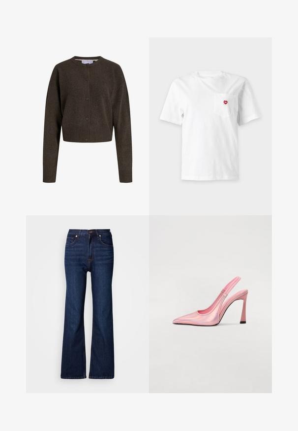 Cardigan en maille marron foncé boutonné, manches longues, poignets et ourlet côtelés, avec un col rond.; T-shirt blanc à manches courtes avec une petite poche poitrine présentant un logo rouge en forme de cœur sur un fond uni clair.; Jean denim bleu foncé évasé avec cinq poches, braguette à boutons et coutures contrastantes. Texture lisse avec une apparence robuste.; Escarpin rose à lanière, fabriqué en matériau irisé, avec un bout pointu, un talon fin et une sangle élastique pour un ajustement parfait. Texture lisse avec une finition brillante.