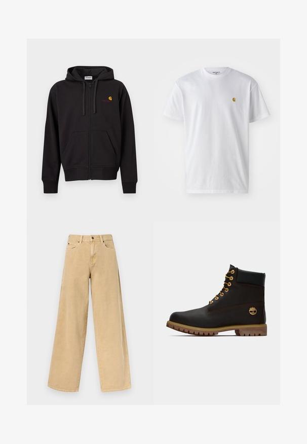 Sweat à capuche noir zippé avec poches avant, capuche à cordon de serrage, et petit logo Carhartt jaune et rouge sur le côté gauche de la poitrine.; T-shirt en coton blanc à manches courtes, col rond, avec un petit logo doré sur la poitrine gauche. Texture douce et coupe régulière.; Jean beige taille haute à jambes larges avec bouton avant et fermeture éclair, passants pour ceinture et poches avant sur un fond uni.; Bottine noire en cuir avec œillets dorés, accents marron et semelle en caoutchouc. Comprend un col rembourré et un logo estampé sur le côté.