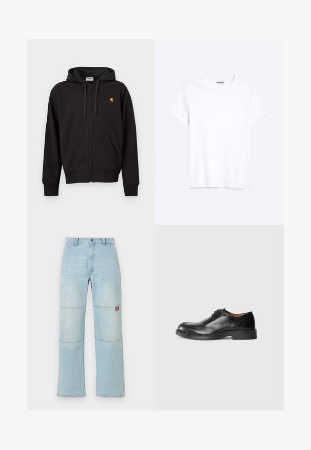 Sweat à capuche noir zippé avec poches avant, capuche à cordon de serrage, et petit logo Carhartt jaune et rouge sur le côté gauche de la poitrine.; T-shirt blanc uni à manches courtes et col rond avec une étiquette de la marque WEEKDAY visible au niveau du col, présenté sur un fond clair.; Jean en denim bleu clair à jambes larges avec des détails aux panneaux des genoux et un petit patch logo rectangulaire rouge sur la cuisse droite.; Chaussure de ville en cuir noir avec un bout arrondi, surface lisse, détails en dentelle et une semelle en caoutchouc texturée basse. Lignes épurées et design minimal.
