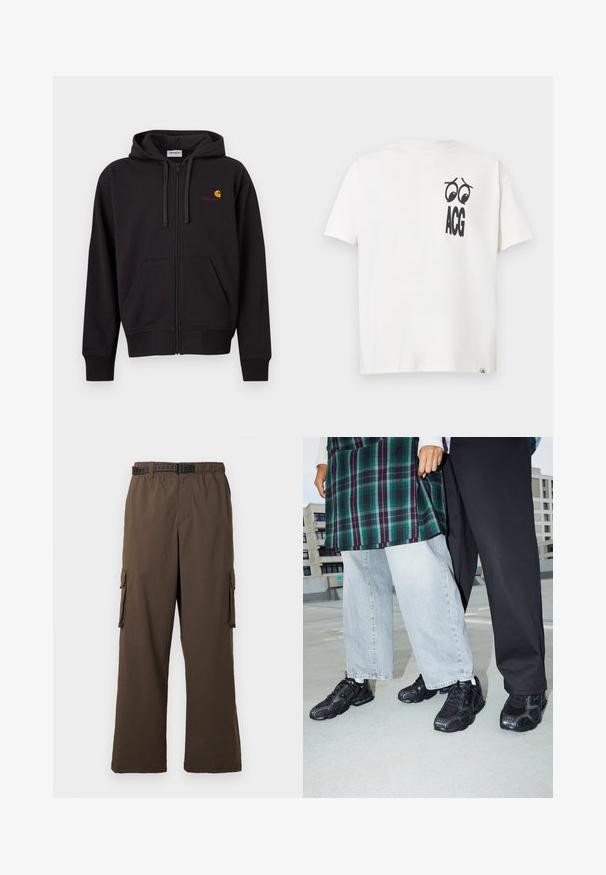 Sweat à capuche noir zippé avec poches avant, capuche à cordon de serrage, et petit logo Carhartt jaune et rouge sur le côté gauche de la poitrine.; T-shirt blanc à manches courtes avec un graphisme noir représentant deux yeux au-dessus des lettres grasses "ACG" sur la poitrine gauche.; Pantalon cargo marron à coupe ample, taille élastique et deux poches latérales. Il est doté d'une ceinture noire à motifs, avec une texture lisse.; Baskets de sport noires avec des accents en mesh et en caoutchouc. Portées avec un jean large gris clair et un haut à carreaux vert. Fond à surface plane.