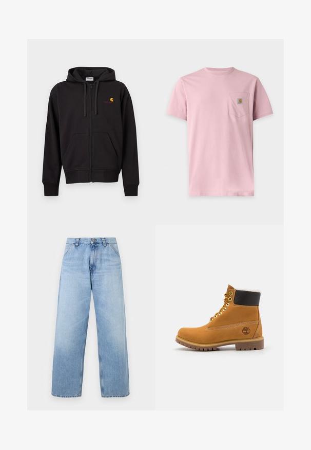 Sweat à capuche noir zippé avec poches avant, capuche à cordon de serrage, et petit logo Carhartt jaune et rouge sur le côté gauche de la poitrine.; T-shirt rose uni à manches courtes avec une poche poitrine comportant un petit patch rectangulaire avec le logo Carhartt.; Jean en denim bleu clair à jambes larges avec poches avant, passants pour ceinture, fermeture par bouton, et détails délavés.; Bottine en cuir brun avec œillets en métal, doublure en fourrure blanche, col rembourré noir, semelle robuste et logo en relief sur le côté.