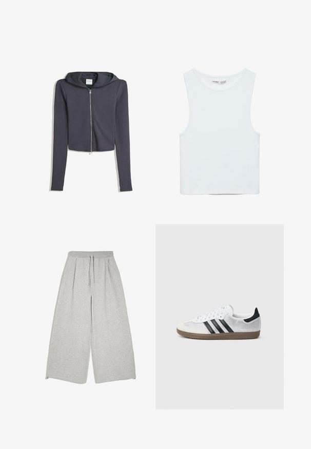 Afskåret mørkegrå zip-up hoodie med lange ærmer og hætte med snørre. Lavet af blødt stof, med en sølvfarvet lynlås og minimalistisk design.; Hvid ærmeløs crop top med rund halsudskæring, lavet af glat stof, mærket Pull&Bear, egnet til afslappet brug.; Lysegrå vidde bukser med elastisk linning, snøre, sidelommer og en løs, afslappet pasform.; Hvid mesh-sneaker med sorte striber, beige ruskind på tåhætte og hæl, tekstureret gummisål og hvide snørebånd. Klassisk lavtopsdesign.
