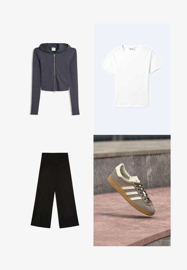 Afskåret mørkegrå zip-up hoodie med lange ærmer og hætte med snørre. Lavet af blødt stof, med en sølvfarvet lynlås og minimalistisk design.; Ensfarvet hvid t-shirt med korte ærmer og rund halsudskæring med en lille "WEEKDAY" label indeni halskanten, vist fladt på en lys baggrund.; Sorte bukser med brede ben, knap- og lynlåslukning, bæltestropper og frontfolder, lagt fladt på en hvid baggrund.; Lysebrun ruskinds Adidas-sneaker med hvide striber og gummisål, svævende over lyserøde stentrapper udendørs.