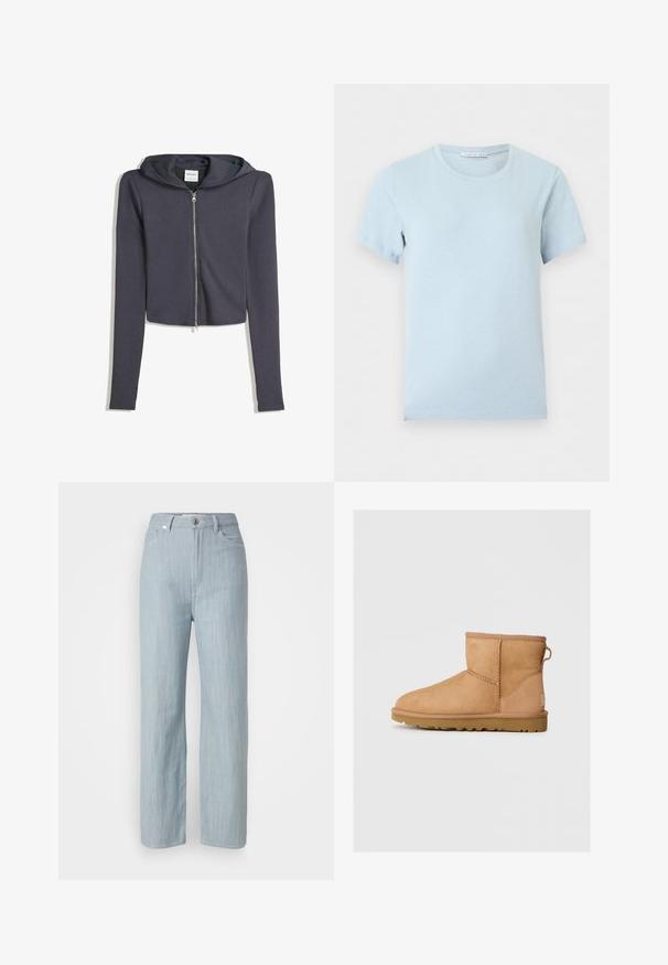 Afskåret mørkegrå zip-up hoodie med lange ærmer og hætte med snørre. Lavet af blødt stof, med en sølvfarvet lynlås og minimalistisk design.; Lyseblå kortærmet t-shirt med rund halsudskæring og synligt mærke indeni kraven mod ensfarvet baggrund.; Lysblå straight-leg jeans lavet af denim. Har fem lommer, en metal knaplukning og subtile slidser for tekstur.; Brune suede ankelstøvle med rund tå, stikninger, en pull tab bagpå og en tekstureret gummisål. Designet til komfort og varme.