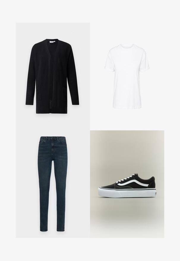 Sort åben-front strikcardigan med lange ærmer og to forlommer, tekstureret mønster, vist på ensfarvet baggrund.; Hvid bomulds t-shirt med korte ærmer, rund hals og en afslappet pasform, med en glat tekstur og uden synlige mønstre.; Slank jeans i mørkeblåt denim med høj talje, subtil falmning, klassisk fem-lomme-design og lynlås med knaplukning.; Lavtop sort sneaker med hvid side stribe, hvide snørebånd, hvid gummisål og tekstureret tåhætte på neutral baggrund.