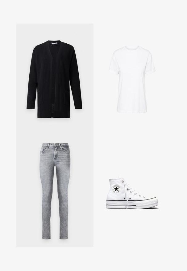 Cárdigan negro de punto abierto al frente con mangas largas y dos bolsillos delanteros, patrón texturizado, mostrado sobre un fondo liso.; Camiseta blanca de algodón con mangas cortas, cuello redondo y un corte holgado, con una textura suave y sin patrones visibles.; Jeans skinny de mezclilla gris con cintura alta, cinco bolsillos y un ligero desgaste en todo su diseño. Presenta un cierre de cremallera y botón.; Zapatilla blanca de caña alta Converse Chuck Taylor All Star con parche de logo negro y cordones blancos, presentada sobre fondo blanco.
