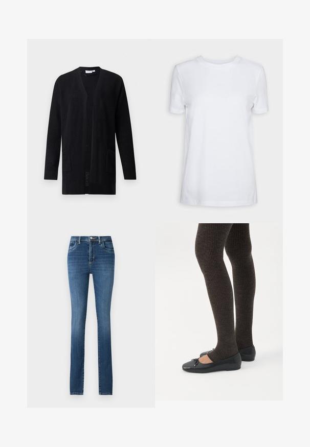 Zwarte open-gewerkte cardigan met lange mouwen en twee voorzakken, met een gestructureerd patroon, afgebeeld op een effen achtergrond.; Effen wit T-shirt met korte mouwen en ronde hals, normale pasvorm en een klein label aan de binnenkant van de hals met de tekst "SELECTED FEMME."; Blauwe denim jeans met een recht gesneden pijp, vijf zakken, een knoop- en ritssluiting, en een vervaagde was met subtiele wassingdetails.; Benen met donkere geribbelde leggings gecombineerd met zwarte ballerina's met kleine strikdetails op een witte achtergrond.
