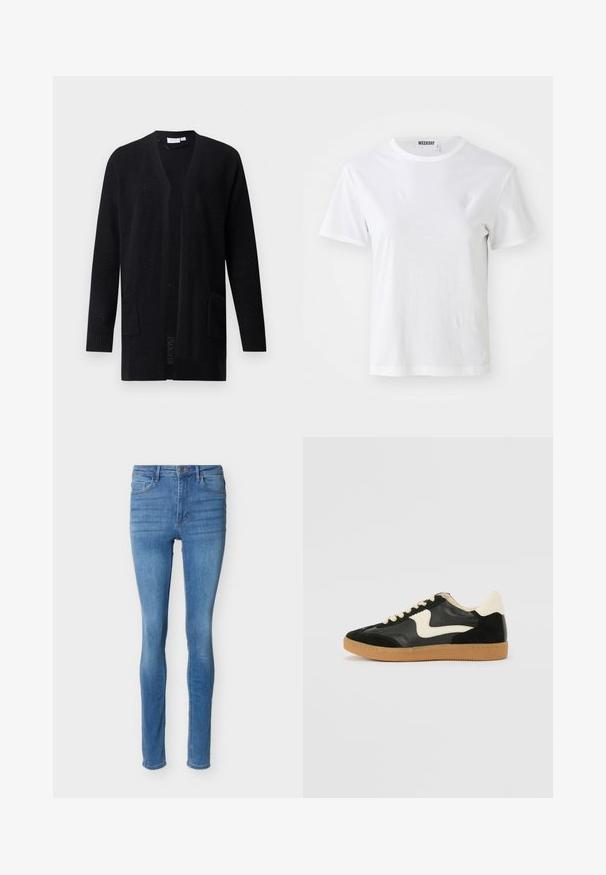 Sort åben-front strikcardigan med lange ærmer og to forlommer, tekstureret mønster, vist på ensfarvet baggrund.; Hvid T-shirt med korte ærmer lavet af blødt stof. Har en rund halsudskæring og en lige pasform, med en label på den indre krave.; Lyseblå skinny jeans med høj talje, for- og baglommer, forreste knap og lynlås, vist på en ensfarvet hvid baggrund.; Sorte ruskinds- og lædersneakers med en cremefarvet side-swoosh og lys cremefarvet hæl. Har beige snørebånd og en gummirubber-sål.