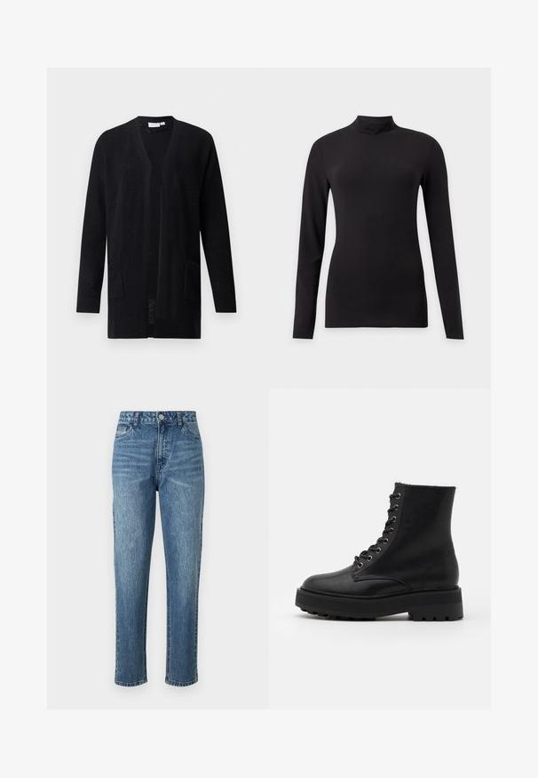 Zwarte open-gewerkte cardigan met lange mouwen en twee voorzakken, met een gestructureerd patroon, afgebeeld op een effen achtergrond.; Zwarte aansluitende top met lange mouwen en een opstaande kraag, getoond op een effen lichtgrijze achtergrond.; Blauwe denim jeans met een recht silhouet, vijf zakken en een sluiting met een voorste knoop. Licht gewassen met subtiele vervaging en een gestructureerd oppervlak.; Zwarte leren enkellaarzen met een ronde neus, gestructureerde bovenkant, metalen veterogen en een dikke, robuuste rubberen zool. Voorzien van een vetersluitingen.