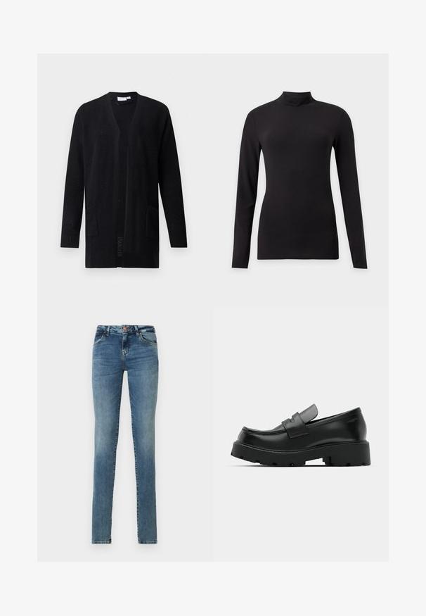 Sort åben-front strikcardigan med lange ærmer og to forlommer, tekstureret mønster, vist på ensfarvet baggrund.; Sort tætsiddende top med lange ærmer og høj krave, vist på en ensfarvet lys grå baggrund.; Slanke jeans lavet af lyseblå denim, med knaplukning, fem lommer, subtilt slid og et klassisk design.; Sorte læder loafers med en chunky tekstureret sål, der har en rem over vamps og en glat, poleret finish.