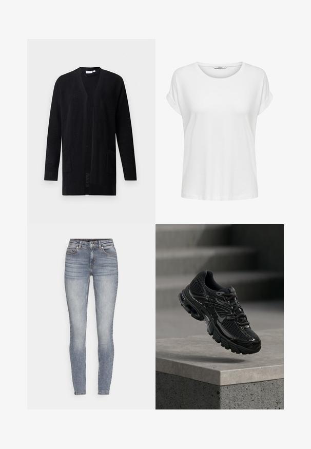Cárdigan negro de punto abierto al frente con mangas largas y dos bolsillos delanteros, patrón texturizado, mostrado sobre un fondo liso.; Camiseta blanca de manga corta hecha de algodón suave. Presenta un cuello redondo y puños enrollados. Diseño simple sin patrones ni acentos.; Jeans de mezclilla de corte ajustado en un tono azul claro con un acabado desgastado, diseño de cinco bolsillos y costuras sutiles. Presenta pases para cinturón y cierre con cremallera.; Zapatilla de running negra de Nike con parte superior de malla y sintética flotando sobre una superficie de hormigón y escalones de fondo.