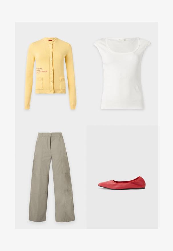 Cardigan jaune en tricot avec des boutons sur le devant, deux poches et un texte manuscrit rose sur le côté gauche.; Haut blanc sans manches côtelé avec un col rond et de petites épaulettes, présenté sur un fond clair uni.; Pantalon beige à jambes larges avec taille haute, passants pour ceinture, détails de coutures frontales et fermeture avant cachée.; Filippa K REY FLATS - Ballerines - bright red