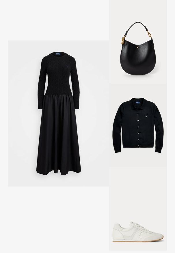 Zwarte cardigan van zacht materiaal, met een polokraag, knopenfront en klein geborduurd logo op de borst. Glad patroon.; Zwart jurk met een textuur in kabelbreiwerk aan de bovenkant en een vloeiende, gepofte rok. Ronde halslijn en lange mouwen.; Witte lage sneaker met veters aan de voorkant, suède en leren panelen, en een lichtbruine rubberen zool op een witte achtergrond.; Zwarte leren handtas met een ronde vorm, korte handgreep, gouden hardware en een subtiele gouden stipaccent aan de voorkant. Glad van structuur.