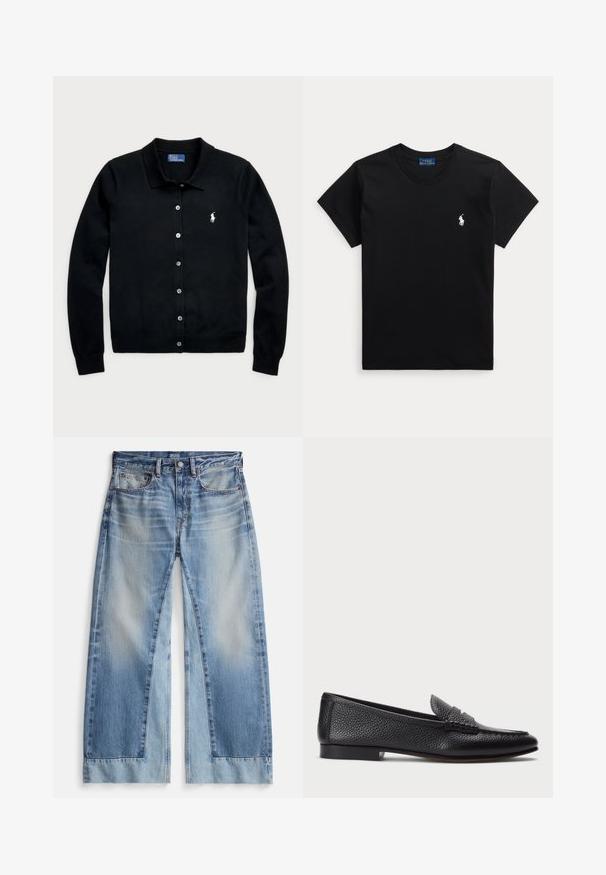 Zwarte cardigan van zacht materiaal, met een polokraag, knopenfront en klein geborduurd logo op de borst. Glad patroon.; Zwart T-shirt met korte mouwen en ronde hals, met klein wit polospelerlogo op de linkerborst en blauw label binnen de kraag.; Lichtblauwe jeans met wijde pijpen en een verwassen effect, voorzien van twee voorzakken, een gulp met knopen en rafelige zoom. Gemaakt van denim stof.; Zwarte leren instapper met een gestructureerde afwerking, voorzien van een decoratieve band en platte hak. Slank, minimalistisch ontwerp met een ronde neus.