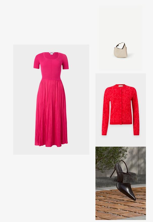 Rød strikket cardigan med blomstermønster, rund halsudskæring og knaplukning. Lange ærmer samt ribbede manchetter og kant.; Fuchsiarød kjole med ribbet kortærmet top, rund halsudskæring og en samlet, flydende midi-nederdel.; Blank højhælet mule med spids tå og ankelrem, svævende over en terracottaflisebelagt overflade med grusfyldte mellemrum.; Beige læder håndtaske i halvmåneform med en enkelt skulderrem og minimal syning, sat mod en ensartet hvid baggrund.