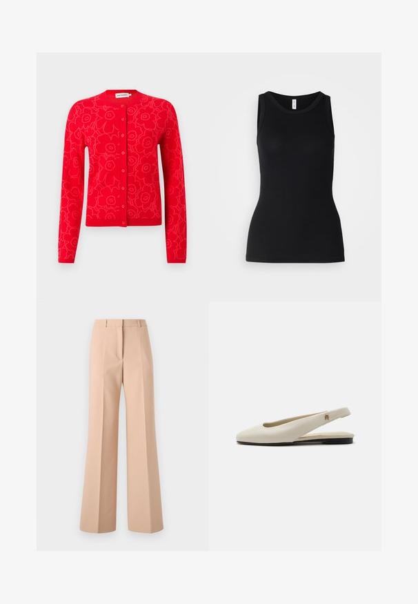 Rød strikket cardigan med blomstermønster, rund halsudskæring og knaplukning. Lange ærmer samt ribbede manchetter og kant.; Sort ærmeløs tanktop lavet af ribbet stof, med rund halsudskæring og tætsiddende design, med en glat overflade og uden mønstre.; Beige, højtaljede bukser med bred ben-design. Lavet af glat stof, med frontfolder og en enkel taljebånd.; Flatsko i cremefarvet læder med rundet tå og lille guldemblem på remmen.