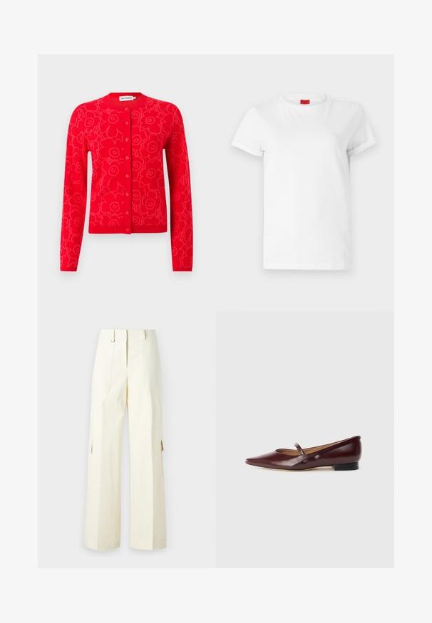 Rød strikket cardigan med blomstermønster, rund halsudskæring og knaplukning. Lange ærmer samt ribbede manchetter og kant.; Hvid kortærmet t-shirt lavet af letvægts bomuld. Har en rund halsudskæring og rullede ærmer. Rød logoetiket på kraven.; Bredde cargo bukser i lys creme stof, med påsatte lommer, høj talje og sidesplitter for ekstra detaljer og funktionalitet.; Burgundyrød patenteret lædersko med spids tå og en dekorativ rem over vristen. Har en lav sort hæl.