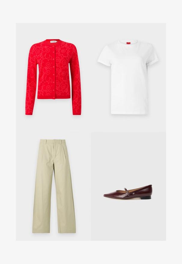 Rød strikket cardigan med blomstermønster, rund halsudskæring og knaplukning. Lange ærmer samt ribbede manchetter og kant.; Hvid kortærmet t-shirt lavet af letvægts bomuld. Har en rund halsudskæring og rullede ærmer. Rød logoetiket på kraven.; Bredde benbukser i lys beige bomuld, med flad front og plisseringer, bæltestropper og opsmøgede sømme. Glat tekstur og afslappet design.; Burgundyrød patenteret lædersko med spids tå og en dekorativ rem over vristen. Har en lav sort hæl.