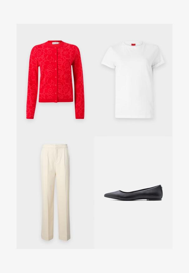 Red knit cardigan featuring a floral pattern, round neckline, and button closure. Long sleeves and ribbed cuffs and hem detail.; White short-sleeve t-shirt made of lightweight cotton. Features a round neckline and rolled sleeves. Red logo tag on the collar.; Tailored cream-colored trousers with a straight leg, featuring front pleats and a smooth finish. The waistband is flat and without embellishments.; Black pointed-toe flat leather shoe with low heel, shown in side profile against a white background.