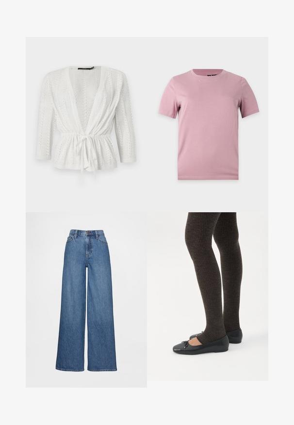 Cardigan blanc en tricot avec devant ouvert, manches longues, motif texturé et ceinture nouée à la taille.; T-shirt uni en coton rose pâle à manches courtes avec col rond, présenté sur un fond plat gris clair.; Jean à jambes larges en denim bleu moyen, présentant une taille haute, des passants pour ceinture et une fermeture à bouton. Texture lisse avec des détails de couture minimaux.; Jambes portant des leggings côtelés foncés associés à des ballerines noires avec de petits détails en nœud sur fond blanc.