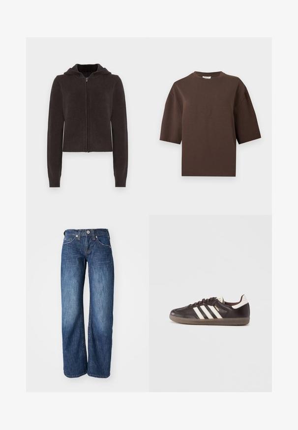 Sweat à capuche zippé gris foncé avec ourlet et poignets côtelés. Présente une texture douce et une capuche avec cordon de serrage pour un ajustement personnalisable.; T-shirt en coton marron oversize à manches courtes avec encolure ronde, présenté sur un fond gris clair uni.; Jean en denim bleu foncé avec une coupe droite, comportant cinq poches et une fermeture à bouton à l'avant. Fading subtil le long des cuisses.; Baskets en cuir marron foncé avec un design à trois bandes blanches, une semelle en caoutchouc et l'inscription "Samba" en lettres dorées sur le côté. Forme classique basse.