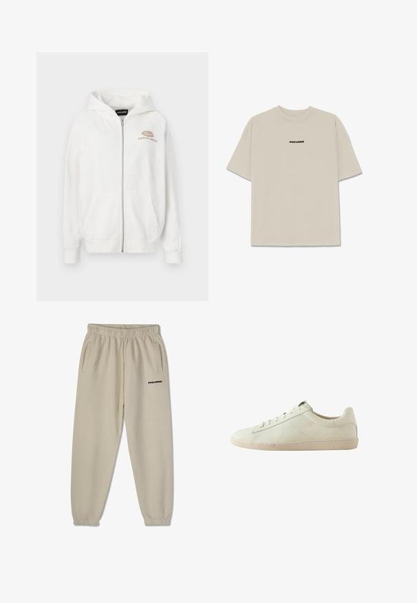 Witte zip-up hoodie van zacht materiaal, met een logo aan de voorkant met "EVERYDAY AMBITION" in lichtbruin. Inclusief kangoeroezakken en ribgebreide manchetten.; Lichtbeige katoen t-shirt met korte mouwen, relaxte pasvorm en een zwart "PEGADOR" logo gedrukt op de voorkant. Soepele textuur, ronde hals.; Beige sweatpants met een elastische tailleband, twee zijzakken en een zwart "PEGADOR" logo gedrukt op het linkerbeen. Glad stoftextuur.; Witte leren lage sneaker met een textuur oppervlak, vetersluiting en een beige rubberen zool, zijaanzicht op een witte achtergrond.
