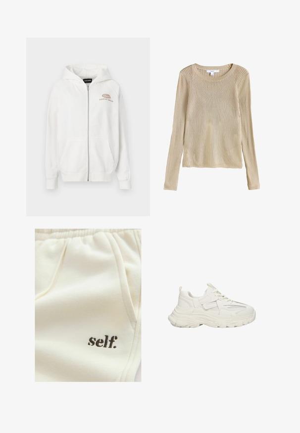 Witte zip-up hoodie van zacht materiaal, met een logo aan de voorkant met "EVERYDAY AMBITION" in lichtbruin. Inclusief kangoeroezakken en ribgebreide manchetten.; Beige geribbelde lange mouw gebreide trui met ronde hals en slim fit, plat weergegeven met label zichtbaar bij de kraag.; Beige sweatpants met een ontspannen pasvorm, elastische tailleband, zakken en een klein zwart 'self.' logo aan de linkerzijde. Zachte textuur.; Robuuste witte sneakers met een textuur bovenkant met mesh details, dikke rubberen zool, ronde neus en decoratieve accenten aan de zijkanten.