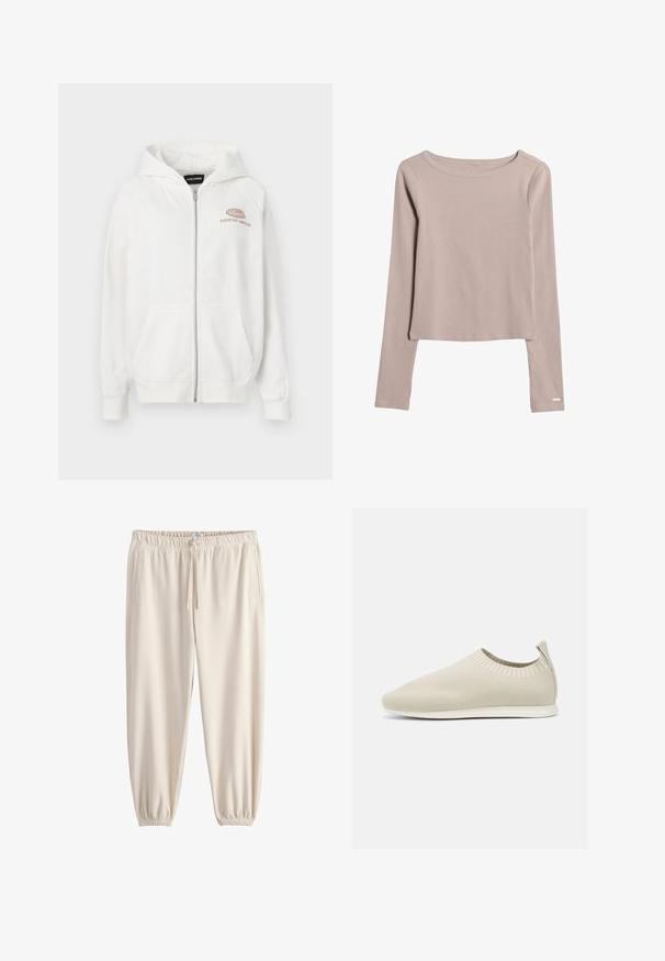 Sudadera blanca con cremallera, fabricada en un tejido suave, que presenta un logo frontal con "EVERYDAY AMBITION" en marrón claro. Incluye bolsillos tipo canguro y puños acanalados.; Camisa de manga larga beige claro, hecha de una tela suave y elástica. Presenta un escote amplio y un dobladillo ligeramente corto. Detalles de costura sutiles.; Pantalones jogger color crema hechos de tela suave, con cintura elástica, cordón ajustable y puños cónicos. Incluyen bolsillos laterales.; Zapato slip-on de punto beige con perfil bajo, parte superior texturizada y suela flexible. Presenta un diseño trenzado alrededor del tobillo para mayor comodidad.