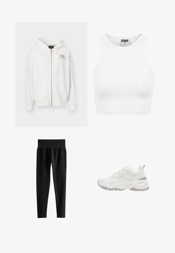 Valge tõmblukuga kapuutsiga jakke pehmest kangast, millel on eeslogoga "EVERYDAY AMBITION" heledates pruunides toonides. Sisaldab kangaroo taskuid ja soonikuga mansette.; Valge ribaga lühike tanktop kõrge kaelusega ja sildiga "Urban Classics XS" krae sees.; Mustad soonikkudega kõrge vöökohaga retuusid, laiast elastse vööümbrisega ja täispikkade kitsaste sääreosadega valgel taustal.; Valge massiivse tallaga toss, võrgust ja nahast pealmise osaga, nööpimisega ning kandmisel tõmbenupuga valgel taustal.