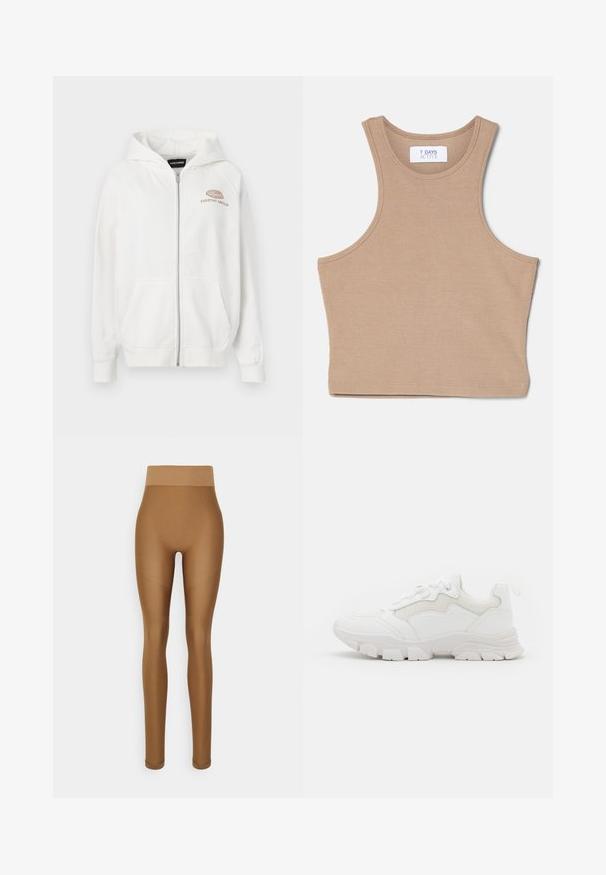 Sweat à zip blanc en tissu doux, arborant un logo avant avec "EVERYDAY AMBITION" en marron clair. Comprend des poches kangourou et des poignets côtelés.; 7 DAYS Active CROPPED - Débardeur - mountain trail; Even&Odd active by Zalando Leggings - brown; NA-KD Baskets basses - white
