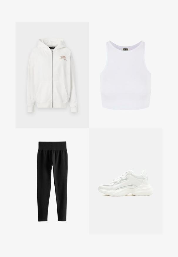 Witte zip-up hoodie van zacht materiaal, met een logo aan de voorkant met "EVERYDAY AMBITION" in lichtbruin. Inclusief kangoeroezakken en ribgebreide manchetten.; Witte geribbelde crop tanktop met brede schouderbanden en een ronde halslijn. Beschikt over een zachte textuur en een minimalistisch ontwerp zonder patronen.; Zwarte geribde leggings met hoge taille, brede elastische tailleband en volledige smalle pijpen op een witte achtergrond.; Witte chunky sneaker met dikke zool, veters aan de voorkant en een glad bovenwerk van synthetisch materiaal met subtiele stikdetails.