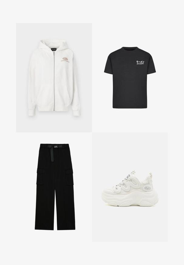Witte zip-up hoodie van zacht materiaal, met een logo aan de voorkant met "EVERYDAY AMBITION" in lichtbruin. Inclusief kangoeroezakken en ribgebreide manchetten.; Zwarte katoenen t-shirt met een ronde hals. Bevat witte tekst, waaronder Japanse karakters en "Slurp Away", op de linkerborst.; Zwarte cargobroek met een wijd gesneden ontwerp, elastische tailleband met een riem, en twee grote zijzakken voor opslag.; Witte chunky sneakers met een bovenwerk van mesh en synthetisch materiaal, een gebogen vorm, een gestructureerde zool en een opvallend vetersysteem met logo-details.