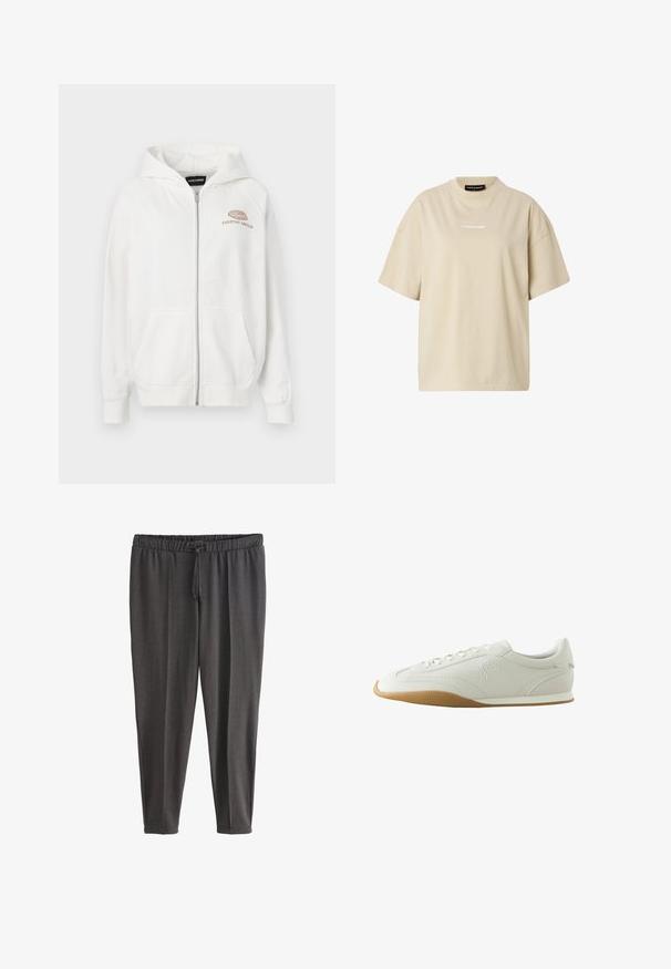 Hvid zip-up hættetrøje lavet af blødt stof, med et frontlogo med "EVERYDAY AMBITION" i lys brun. Inkluderer kængurulommer og ribbede manchetter.; Beige oversized T-shirt med korte ærmer, rund hals og lille hvid "REGARD"-logo centreret på brystet.; Mørkegrå afslappede bukser med elastisk talje og snøre, tilspidsede ben, lavet af blødt stof.; Hvid lav sneaker med brun gummisål, syningsdetaljer, snørelukning foran og broderet logo på siden.