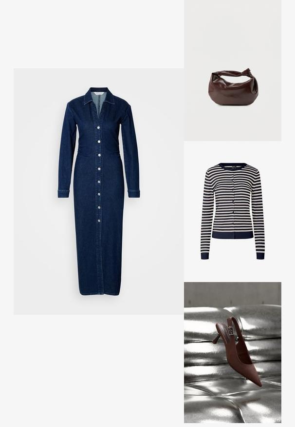 Marineblaue und cremefarbene gestreifte Strickjacke aus weichem Strickstoff, mit Rundhalsausschnitt, langen Ärmeln und Knopfverschluss vorne.; Denimkleid mit langen Ärmeln, Kragen und Knopfleiste vorne. Dunkelblaue Stoff, figurnahe Taille und gerader Maxi-Längenstil.; Brauner spitzer Slingback-Schuh mit niedrigem Absatz und Schnallenriemen, der auf einer glänzenden, silbermetallischen, gesteppten Oberfläche ruht.; Dunkelbraune Lederschultertasche mit weicher, lockerer Form und einem gedrehten Knotengriff vor schlichtem weißem Hintergrund.