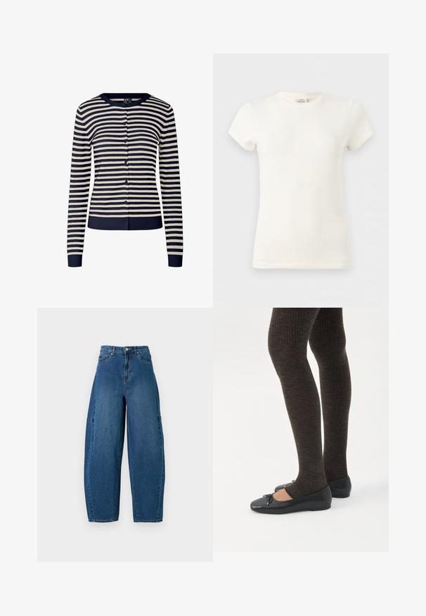 Marineblauw en crèmekleurig gestreepte cardigan, gemaakt van zachte gebreide stof, met een ronde hals, lange mouwen en knoopsluiting aan de voorkant.; Eenvoudig wit katoenen T-shirt met korte mouwen en ronde hals, weergegeven op een lichtgrijze achtergrond.; Denim spijkerbroek in een medium blauwe wassingen, met een hoge taille, wijde broekspijpen en een standaard vijf-pocket ontwerp met zichtbare stikseldetails.; Benen met donkere geribbelde leggings gecombineerd met zwarte ballerina's met kleine strikdetails op een witte achtergrond.