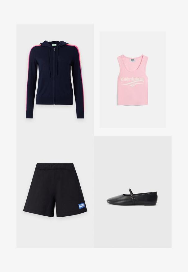 FROM FUTURE Gilet - navy; Débardeur rose à côtes avec une encolure arrondie, portant le texte blanc "Califreakinfornia Juicy" sur le devant.; Shorts noirs à coupe décontractée, avec une taille élastique et un logo "HUGO" bleu sur la cuisse gauche ; fabriqués à partir d'un matériau doux et respirant.; Ballerines noires en cuir avec un bout pointu, une semelle plate et une petite sangle avec un détail de boucle en argent.