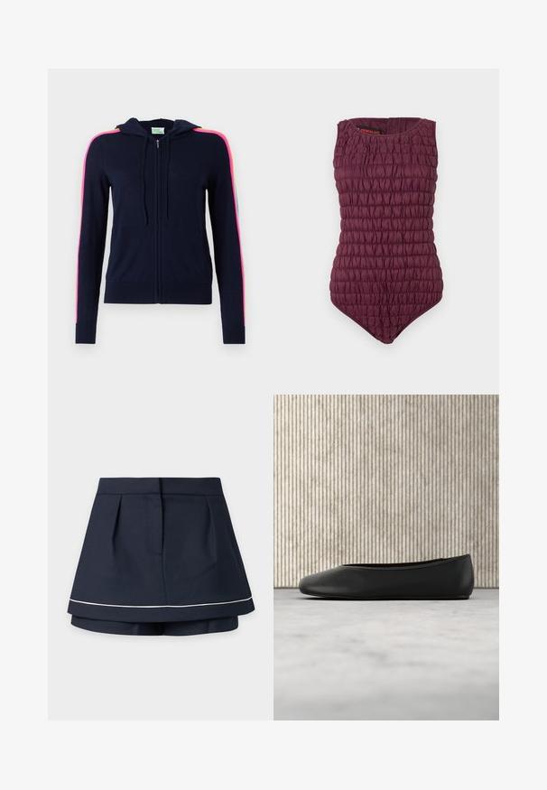 FROM FUTURE Gilet - navy; Maillot de bain une pièce bordeaux avec une texture froncée, sans manches et avec des jambes échancrées. Il présente un décolleté rond et une marque Primaloft.; Mini-jupe superposée bleu marine foncé avec une taille haute et une fine bande horizontale blanche près de l’ourlet.; Ballerine en cuir noir avec un bout arrondi, texture lisse et un accent logo doré sur le côté. Placée au-dessus d'une surface réfléchissante.