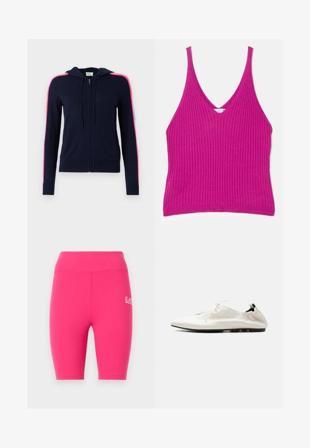 FROM FUTURE Gilet - navy; Débardeur ajusté à côtes de couleur fuchsia vive. Présente un décolleté en V profond et des bretelles fines, fabriqué à partir d'un matériau doux et extensible.; Shorts de cyclisme taille haute rose vif avec un logo blanc EA7 Emporio Armani sur la cuisse droite, présentés sur un fond clair uni.; Chaussure blanche minimaliste en cuir à enfiler avec talon rentré, fermeture à lacets et semelle fine noire sur fond uni.