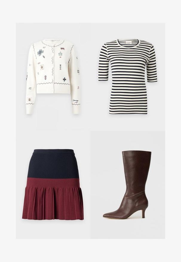 White button-up cardigan with burgundy stitched borders and various small embroidered symbols and letters in blue, burgundy, and beige.; Black and white horizontal striped fitted shirt with elbow-length sleeves and round neckline.; Pleated skirt with a ribbed navy waistband and a maroon pleated lower section, highlighting contrasting textures and colors.; Brown faux leather ankle boot with a pointed toe, textured snake print, and a 5 cm heel, featuring a sleek, streamlined design.