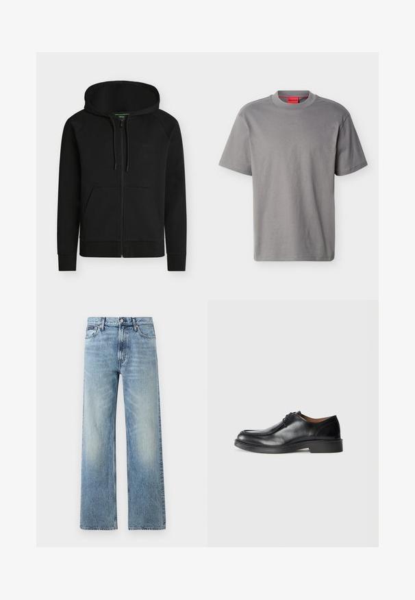 Sweat à capuche noir zippé avec poches avant, capuche réglable par cordon et logo discret « BOSS » sur la poitrine gauche.; T-shirt gris à manches courtes et col ras du cou avec un logo "HUGO" discret centré sur la poitrine et une étiquette de marque rouge à l'intérieur du col.; Jean droit en denim bleu clair avec taille haute, cinq poches, fermeture à boutons et léger délavage sur les cuisses et les genoux.; Chaussure de ville en cuir noir avec un bout arrondi, surface lisse, détails en dentelle et une semelle en caoutchouc texturée basse. Lignes épurées et design minimal.